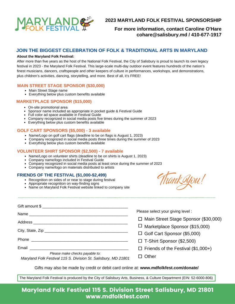 Sponsor Maryland Folk Festival Salisbury MD Music Festival